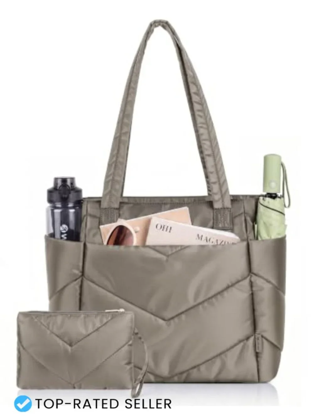 Quilted Nylon Puffer Tote Bag with Cosmetic Pouch Fits 15.6